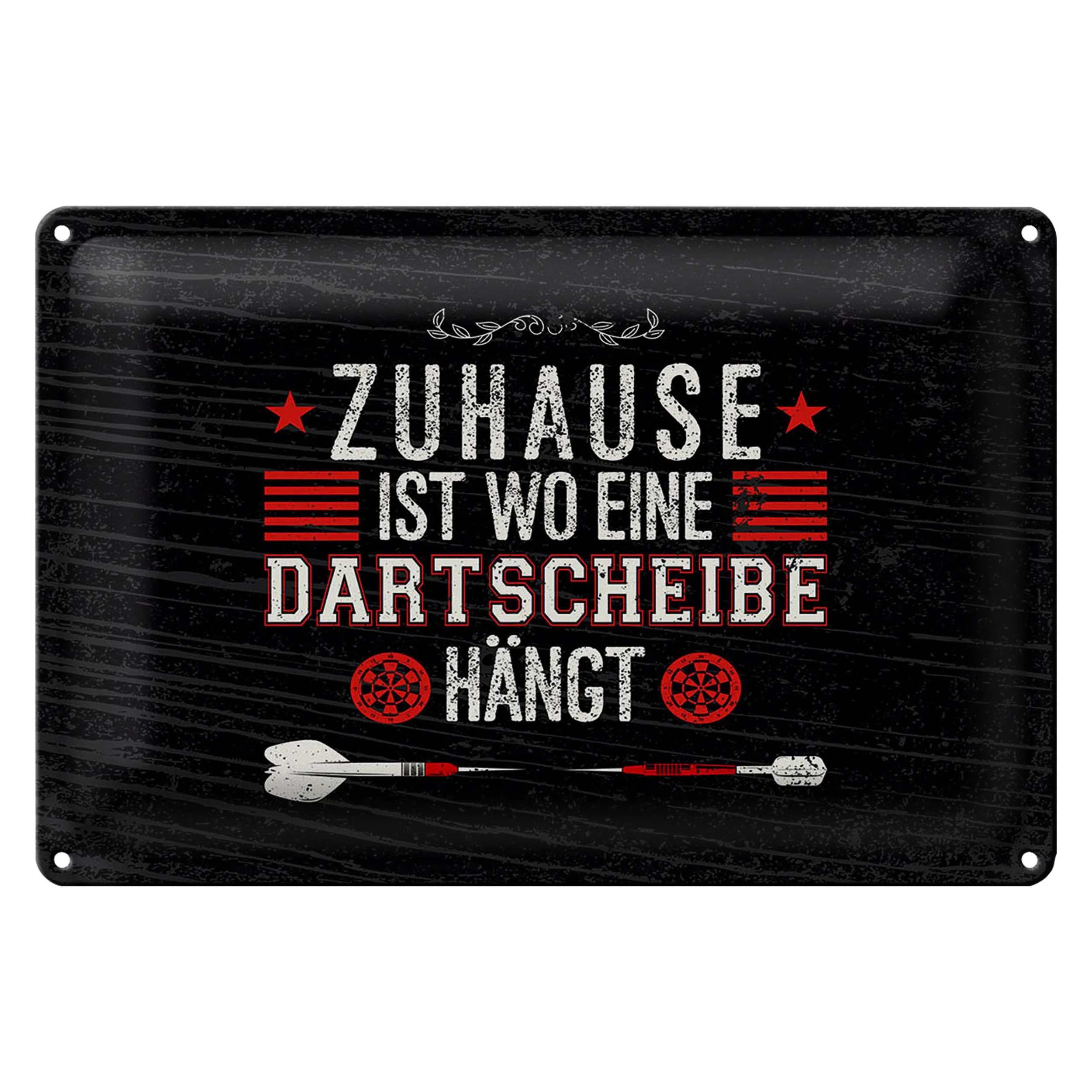 Metallschild „Zuhause ist, wo die Dartscheibe hängt“ – Wanddeko für Dartfans, 18×12 cm